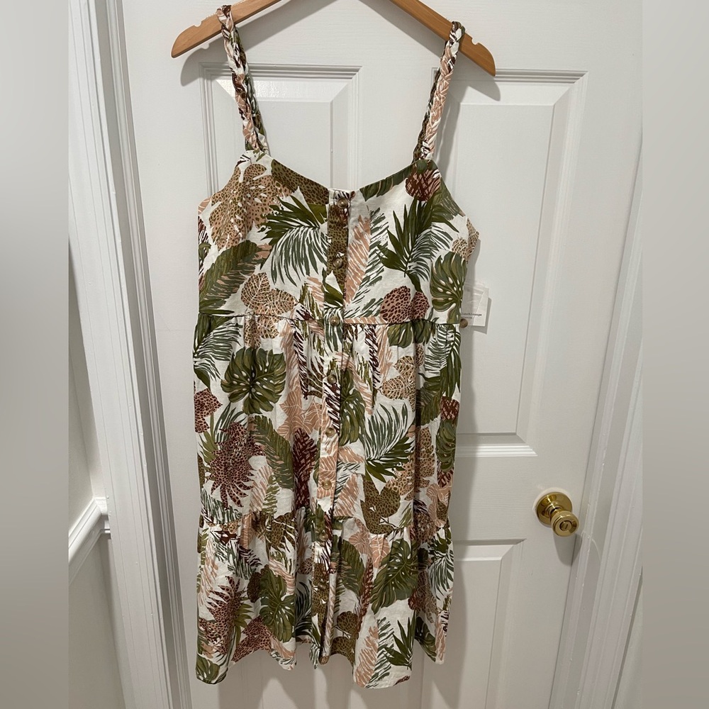 Beach Lunch Lounge button front casual sundress green floral tropical safari L